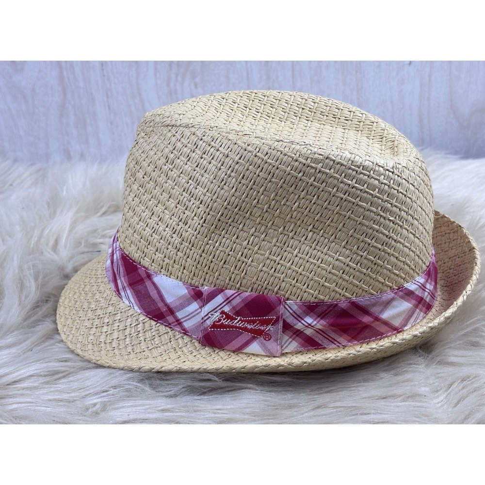 Budweiser Straw Fedora Hat OSFM Plaid Band Beer Logo‎ Promo Summer Festival